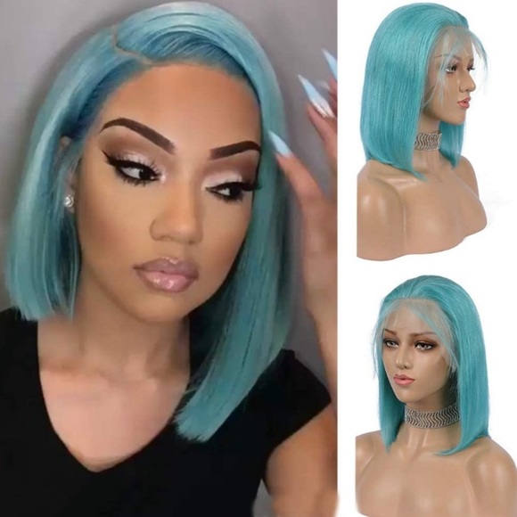12” SHORT BLUE BOB HUMAN HAIR STRAIGHT LACEFRONT